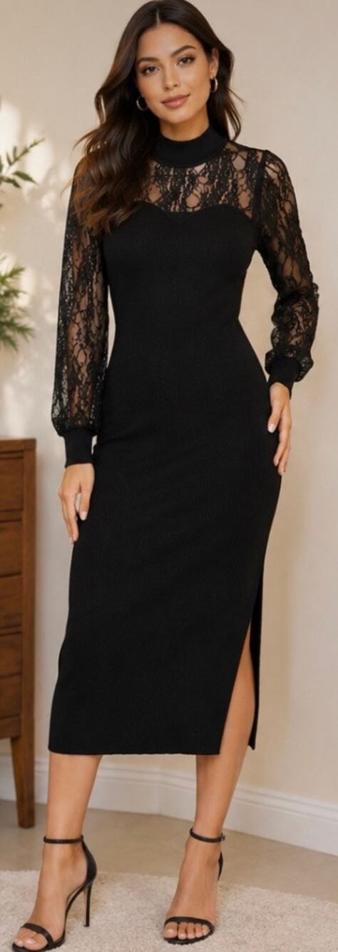 Black Lace Mock Neck Midi Dress Women’s Size Small Elegant Gothic Cocktail Dress